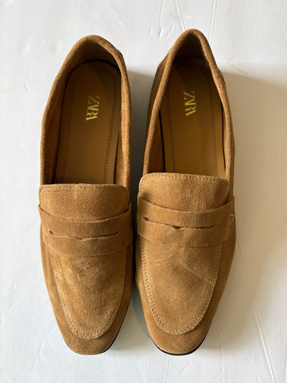 Zara Tan Brown Soft Suede Penny Loafers Size 40/ 9 Round toe Fall Autumn Earthy - Picture 2 of 8